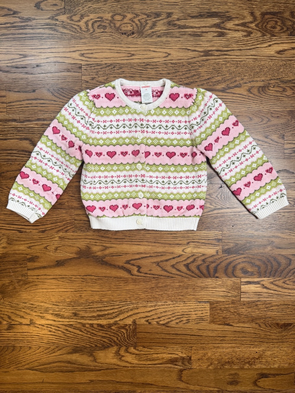 Vintage Gymboree Girls “Little Hearts” Collection Fair Isle Pink Green Cardigan